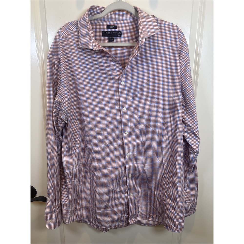 Pronto Uomo Men Shirt Size 18 36/37 Tall Egyptian Cotton Non-Iron Slim Fit Plaid